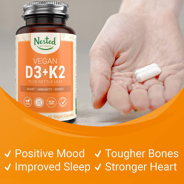 Nested Naturals Vitamin D3+K2 | Supports a Healthy Immune System, Heart, & Strong Bones | 100% Vegan & Non GMO | 5000 IU Vitamin D3 from Lichen with 100 mcg Vitamin K2 MK-7 - 60 D3K2 Capsules