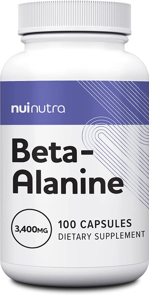 Nui Nutra Beta-Alanine Supplement | 3400mg | 100 Capsules | Helps Build Muscle Mass, Carnosine Levels, & Athletic Performance | Supports Muscular Endurance