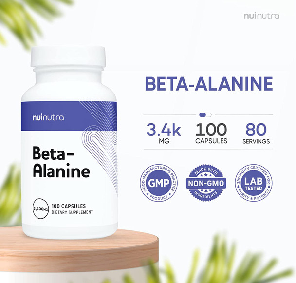Nui Nutra Beta-Alanine Supplement | 3400mg | 100 Capsules | Helps Build Muscle Mass, Carnosine Levels, & Athletic Performance | Supports Muscular Endurance