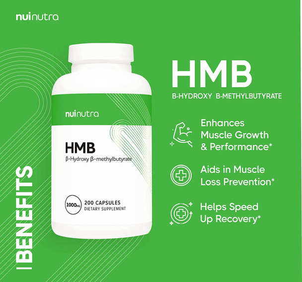 Nui Nutra HMB Supplement (Beta-Hydroxy Beta-Methylbutyrate) | HMB Supplements | 1000mg | 200 Capsules | Muscle Growth Support | Post-Workout Muscle Recovery | for Men & Women