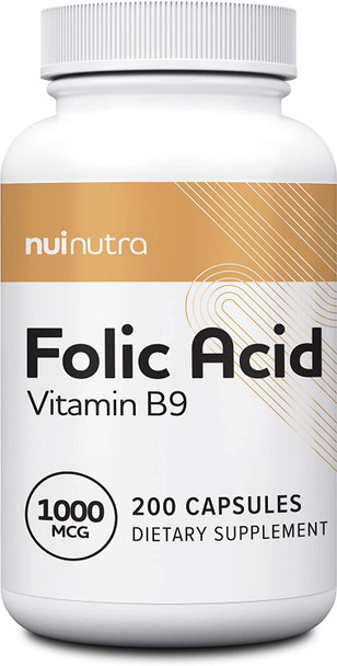 Nui Nutra Folic Acid Supplement | 1000mcg | 1mg | 200 Capsules | Nervous & Cardiovascular System Support | Essential Vitamin for Women | Development and Brain Support | Vitamin B9 | Acido Folico Nui Nutra Folic Acid Supplement | 1000mcg | 1mg | 200 Capsules | Nervous & Cardiovascular System Support | Essential Vitamin for Women | Development and Brain Support | Vitamin B9 | Acido Folico