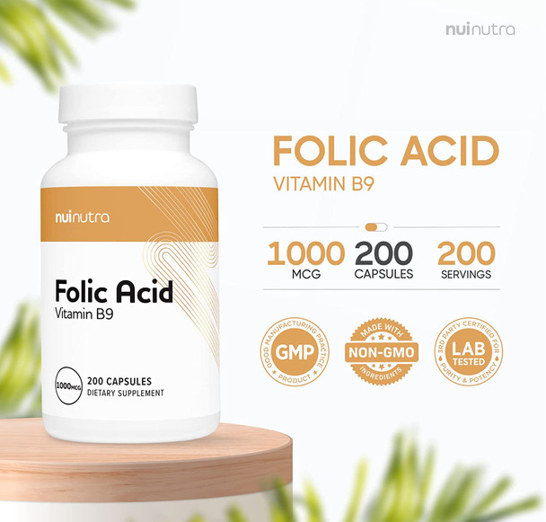 Nui Nutra Folic Acid Supplement | 1000mcg | 1mg | 200 Capsules | Nervous & Cardiovascular System Support | Essential Vitamin for Women | Development and Brain Support | Vitamin B9 | Acido Folico Nui Nutra Folic Acid Supplement | 1000mcg | 1mg | 200 Capsules | Nervous & Cardiovascular System Support | Essential Vitamin for Women | Development and Brain Support | Vitamin B9 | Acido Folico