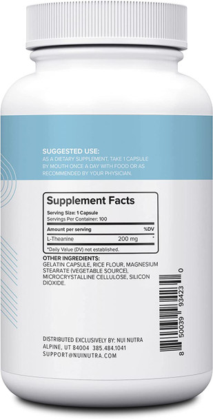 Nui Nutra L-Theanine Supplement | 200mg | 100 Capsules | Mood & Cognitive Support | Promotes Sleep, Relaxation, & Calmness | Stress Support | for Men and Women