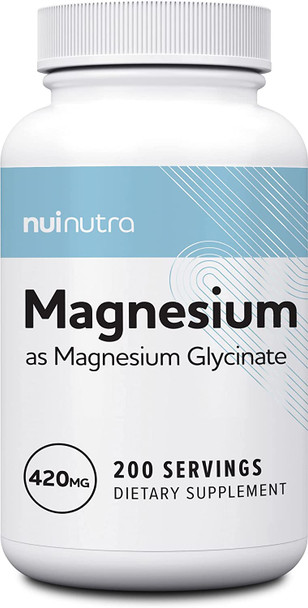 Nui Nutra Magnesium Glycinate Capsules Supplement | 420mg | 200 Capsules | Supports Heart, Sleep, Bone, Relaxation & Cardiovascular System | for Men & Women