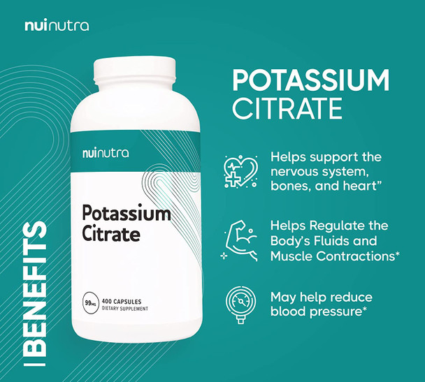 Nui Nutra Potassium Citrate Supplement | 99mg | 400 Capsules | Electrolyte and Essential Mineral | Support for Bones, Heart, Immune System, and Muscle Contraction | Citrato de Potasio
