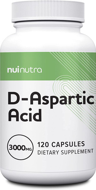 NUI NUTRA D-Aspartic Acid Supplement (DAA) | 3000mg | 120 Capsules | Supports Athletic Performance and Muscle Growth | Promotes Energy and Increased Endurance