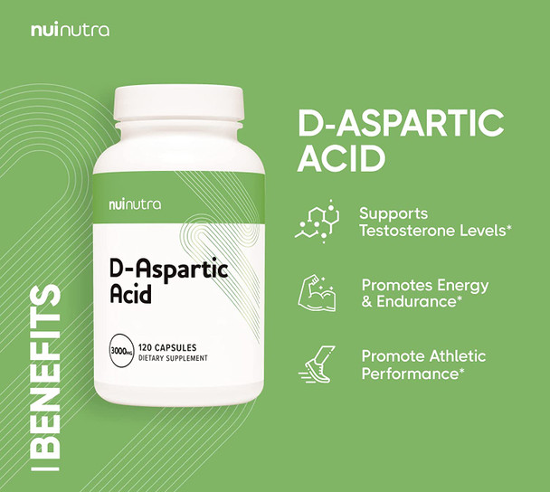 NUI NUTRA D-Aspartic Acid Supplement (DAA) | 3000mg | 120 Capsules | Supports Athletic Performance and Muscle Growth | Promotes Energy and Increased Endurance