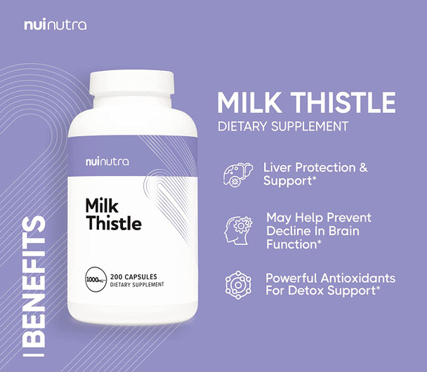 Nui Nutra Milk Thistle 1000mg (Sylibum Marianum) Supplement Silymarin | 200 Capsules | Gluten-Free 4:1 Seed Extract - Liver Support | Powerful Antioxidants