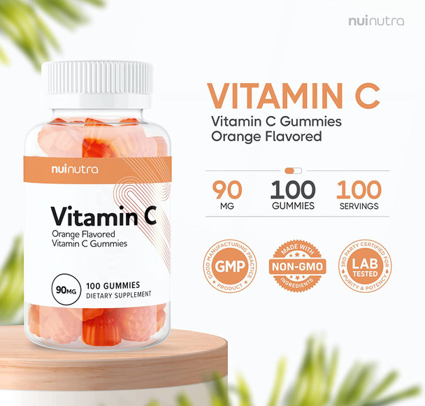 Nui Nutra Vitamin C Gummies Supplement | 90Mg | Orange Flavored | 100 Gummies | Boosts Immunity & Supports Bone, Joints, Heart, & Immune System | For Men & Women