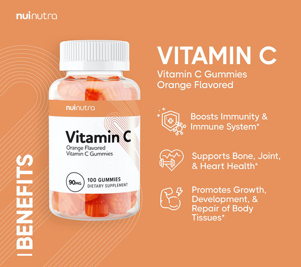 Nui Nutra Vitamin C Gummies Supplement | 90Mg | Orange Flavored | 100 Gummies | Boosts Immunity & Supports Bone, Joints, Heart, & Immune System | For Men & Women
