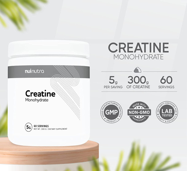 Nui Nutra Creatine Monohydrate Powder Supplement (Micronized) | 300G | Muscle Mass, Strength, and Performance Improvement for Men and Women | Pre Workout Energy & Post Workout Recovery | Unflavored