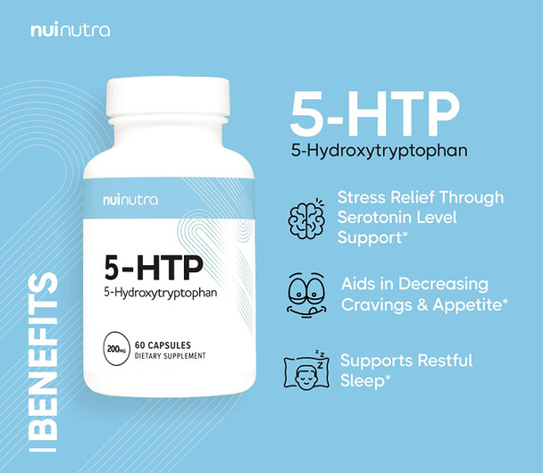 5HTP Supplement 200mg | 60 Capsules - Brain, Mood, Stress, and Sleep Support | Extra Strength 5-Hydroxytryptophan (Vegan, Gluten Free, Non-GMO, 3rd Party Lab Tested)