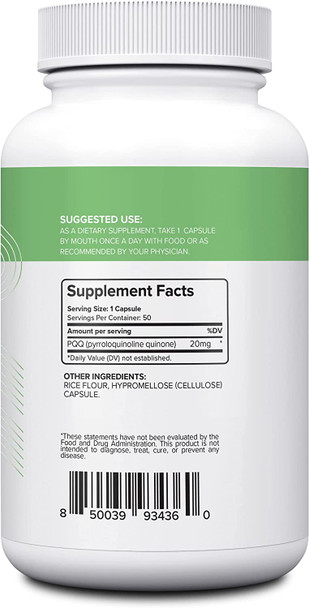 Nui Nutra PQQ (Pyrroloquinoline Quinone) Capsules | 20mg | 50 Capsules | Mitochondrial Growth Support | Promotes Cognitive Health | Non-GMO | for Men and Women