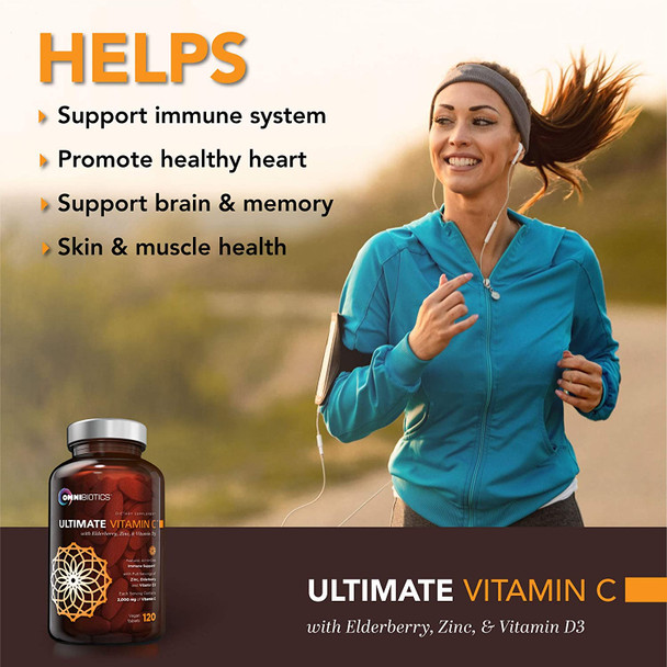 Ultimate Vitamin C 2000 Mg With Full Servings Of Zinc, Elderberry, & Vitamin D3 - Advanced Immune Support & Antioxidant Supplement - 120 Vegan Tablets