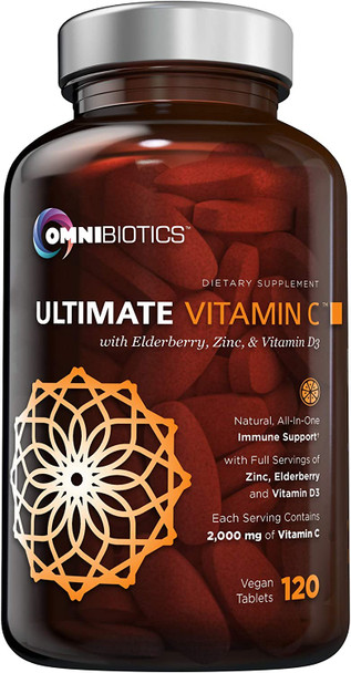 Ultimate Vitamin C 2000 Mg With Full Servings Of Zinc, Elderberry, & Vitamin D3 - Advanced Immune Support & Antioxidant Supplement - 120 Vegan Tablets