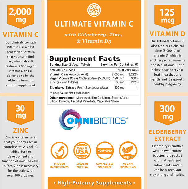 Ultimate Vitamin C 2000 Mg With Full Servings Of Zinc, Elderberry, & Vitamin D3 - Advanced Immune Support & Antioxidant Supplement - 120 Vegan Tablets