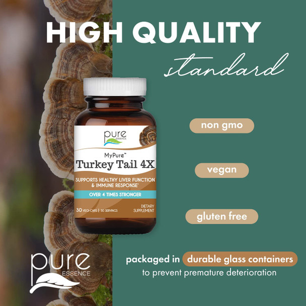Pure Essence Labs Organic Turkey Tail 4X Mushroom Extract, Vegan Mushrooms Supplement for Immune Building, 30 Capsules