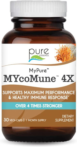 MYcoMune 4X Organic Mushroom Supplement - Reishi, Lion's Mane, Cordyceps, Chaga, Shiitake, Maitake for Immune System, Combat Stress, Build Energy by Pure Essence - 30 Caps