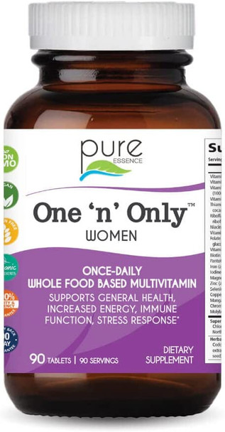 PURE ESSENCE LABS One N Only Multivitamin for Women, Natural One a Day Herbal Supplement with Vitamin D3, B12, and Biotin with Whole Foods, 60 Tablets