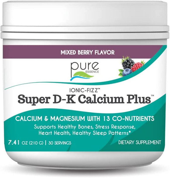 Ionic Fizz Super D-K Calcium Plus by Pure Essence - with Extra Magnesium, Vitamin D3, Vitamin K2 for Strong Bones and Stress Support - Mixed Berry - 7.41oz