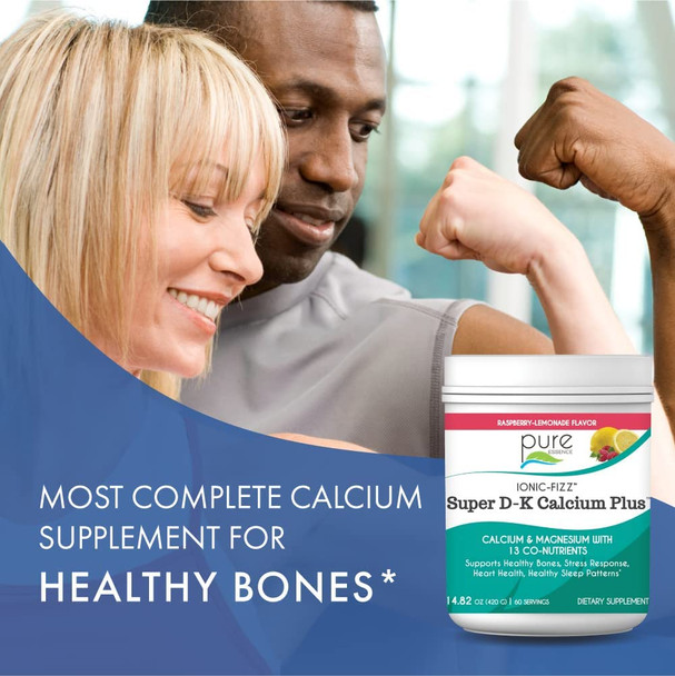 Ionic Fizz Super D-K Calcium Plus by Pure Essence - with Extra Magnesium, Vitamin D3, Vitamin K2 for Strong Bones and Stress Support - Raspberry Lemonade - 7.41oz