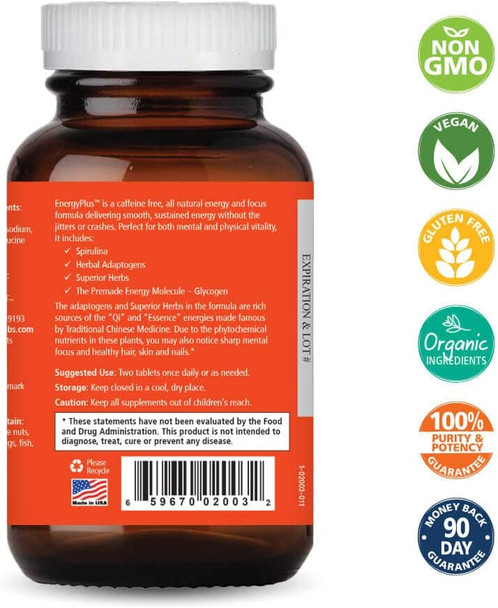 Energy Plus by Pure Essence - Caffeine Free, All Natural Herbal Energy and Focus Supplement - Smooth, No Jitters No Crash - 120 Tablets