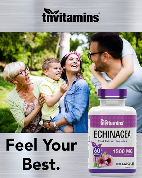 Echinacea Capsules (1500 MG x 180 Capsules) | Supports Health & Well-Being | Echinacea Root Herbal Extract Supplement | Produced in The USA | TNVitamins