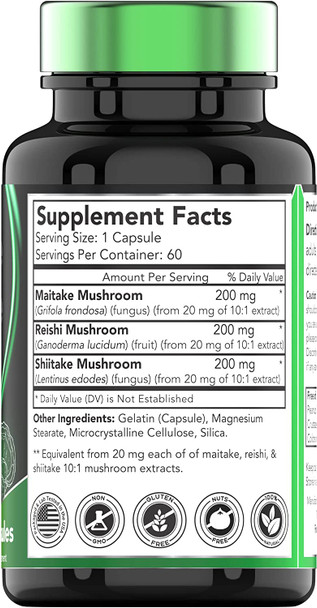 Reishi, Maitake, & Shiitake Mushroom Complex Supplement (60 Capsules x 600 MG) | Natural Beta Glucan Supplement | Powerful Mushroom Powder Extract | Non-GMO | Gluten, Nut, & Dairy-Free | by TNVitamins