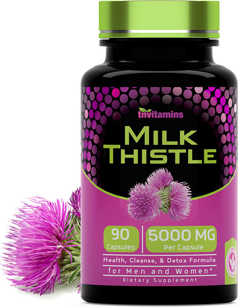 Milk Thistle Extract Capsules 5000 MG - 90 Capsules | Extra Strength Milk Thistle (Silymarin) Supplement | Health, Wellness, Cleanse, & Detox | Produced in The USA | TNVitamins