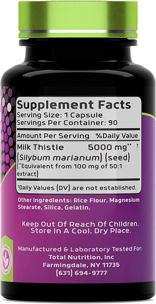 Milk Thistle Extract Capsules 5000 MG - 90 Capsules | Extra Strength Milk Thistle (Silymarin) Supplement | Health, Wellness, Cleanse, & Detox | Produced in The USA | TNVitamins