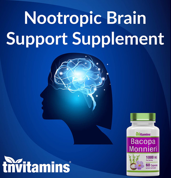 Bacopa Monnieri Capsules 1000 MG (60 Capsules) | Nootropic Brain Support Supplement* | Bacopa Leaf Extract Powder Pills | by TNVitamins