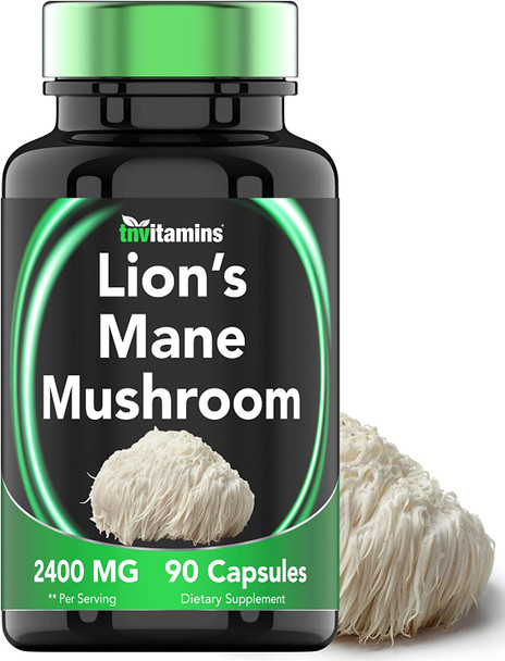 tnvitamins Lion's Mane Mushroom Supplement (2400 MG - 90 Capsules) | Nootropic Brain Support Supplement & Booster | Lion's Mane Mushroom Powder Extract | Focus, Memory, Energy, & Immunity