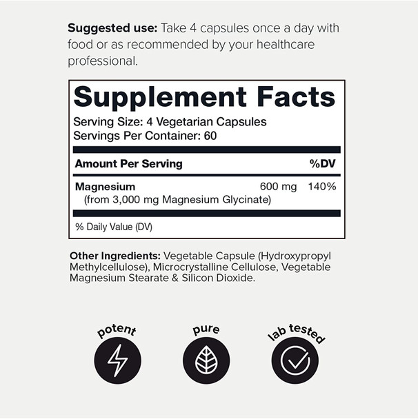 3,000mg Ultra High Strength Magnesium Glycinate - 20% Purified to Contain 600mg of Elemental Magnesium - Chelated and Highly Bioavailable - 240 Veggie Capsules