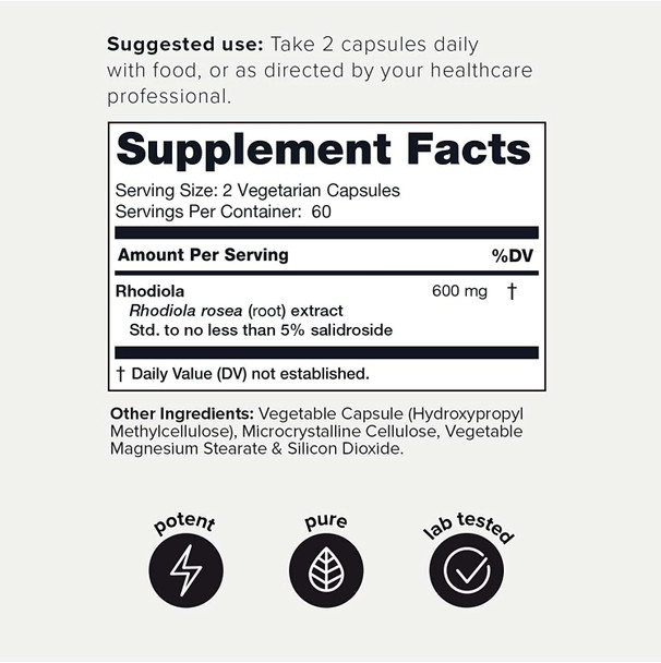 Triple-Strength 600mg Rhodiola Rosea - 120 Capsules - 5% Salidroside Concentrated Extract - Highly Purified and Highly Bioavailable