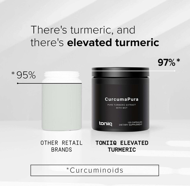 72,000mg (60:1 Concentrated) 97% Turmeric Curcumin Pure Extract - 1,164mg min. of Pure Tested Curcuminoids - Added MCT Oil and Black Pepper - 120 Veggie Tumeric Supplements Capsules