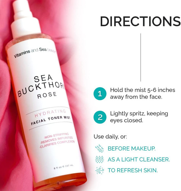 Vitamins and Sea Beauty, Hydrating Rose Water Toner Face Mist, Moisturizing Facial Spray for Skin with Sea Buckthorn 8 Fl Oz
