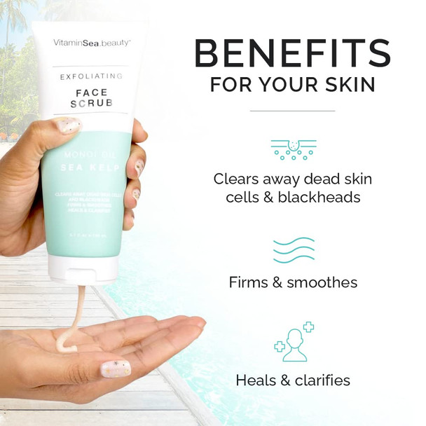 Vitamins and Sea Beauty, Hydrating Exfoliating Face Cleansing Wash Scrub, Deep Pore Cleanser with Monoi Oil and Sea Kelp Seaweed Skincare, 5.1 Fl Oz