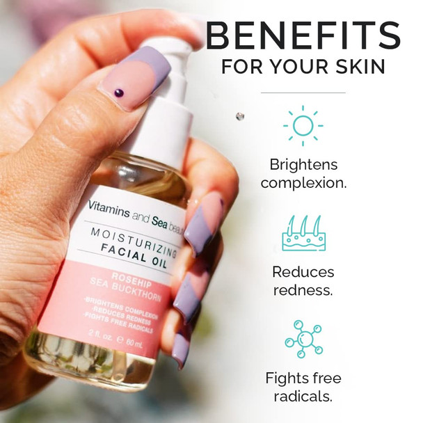 VITAMINS AND SEA BEAUTY Face Oil Day Moisturizer Hydrating Facial Oil Concentrate Gentle with Rosehip and Sea Buckthorn, All Skin Types, 2 Fl Oz