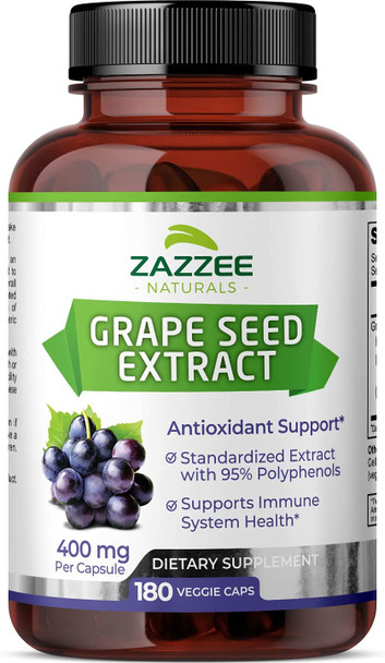 Zazzee Grape Seed Extract 20,000 mg Strength, 180 Vegan Capsules, 95% Polyphenols (Proanthocyanidins), Potent 50:1 Extract, 400 mg per Capsule, 6 Month Supply, Non-GMO and All-Natural