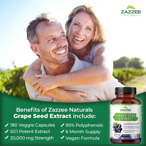 Zazzee Grape Seed Extract 20,000 mg Strength, 180 Vegan Capsules, 95% Polyphenols (Proanthocyanidins), Potent 50:1 Extract, 400 mg per Capsule, 6 Month Supply, Non-GMO and All-Natural