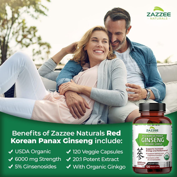 Zazzee USDA Organic Extra Strength Red Korean Panax Ginseng 20:1 Extract, 6000 mg Strength, 5% Ginsenosides, 120 Vegan Capsules, with Organic Ginkgo 10:1 Extract, Concentrated Root Extract, Non-GMO