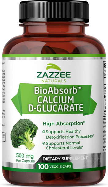 Zazzee Calcium D-Glucarate, 100 Vegan Capsules, 500 mg per Capsule, Contains 3 mg BioPerine for Enhanced Absorption, Plus Pure Broccoli Extract, Vegan, Non-GMO and All-Natural