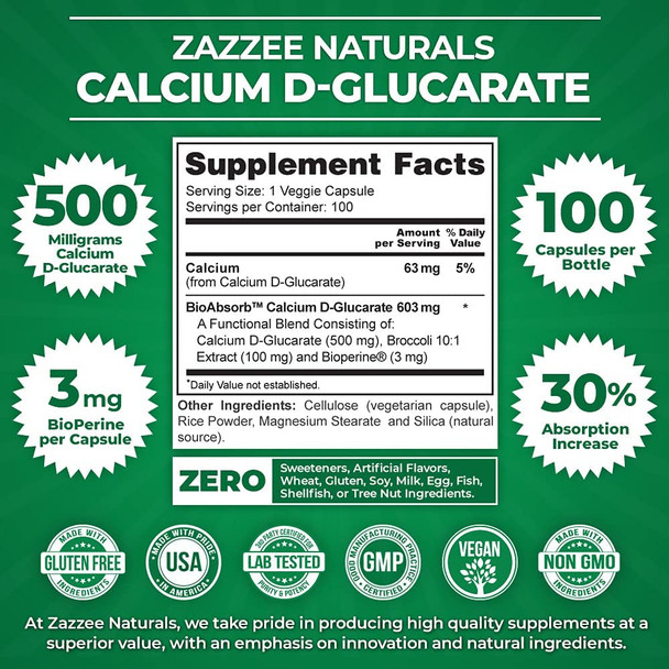 Zazzee Calcium D-Glucarate, 100 Vegan Capsules, 500 mg per Capsule, Contains 3 mg BioPerine for Enhanced Absorption, Plus Pure Broccoli Extract, Vegan, Non-GMO and All-Natural
