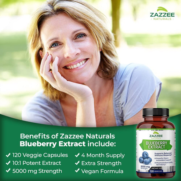 Zazzee Whole Fruit Blueberry Extract, 5000 mg Strength, 120 Vegan Capsules, Potent 10:1 Extract, 4 Month Supply, Vegan, All-Natural and Non-GMO