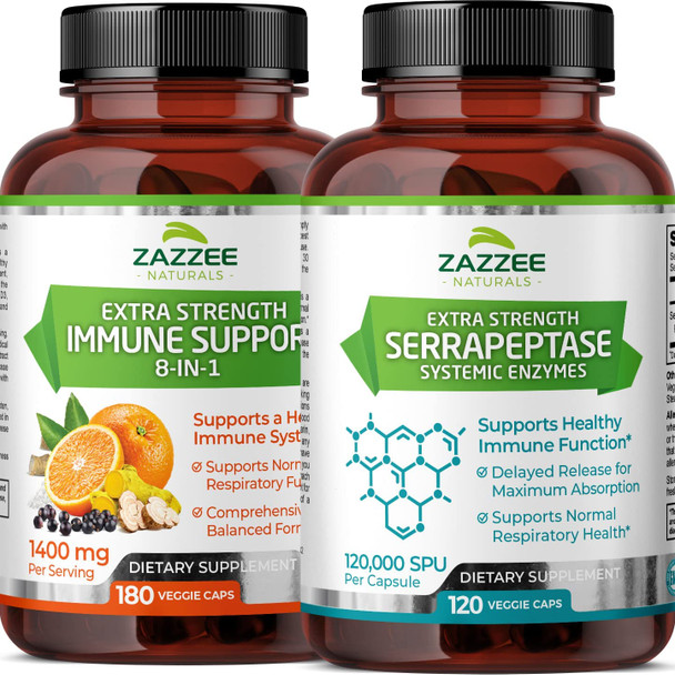 Zazzee Extra Strength Serrapeptase Capsules and Extra Strength 8-in-1 Immune Support Capsules