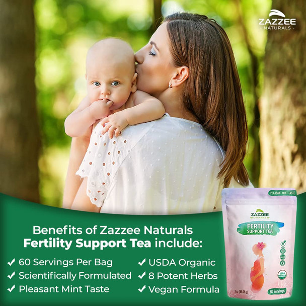 Zazzee USDA Organic Fertility Support Tea, 60 Servings, Balanced Blend of 8 Potent Herbs, Pleasant Mint Taste, 3 Ounces, All-Natural Fertility Support for Women, Non-GMO