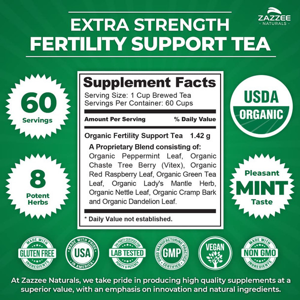 Zazzee USDA Organic Fertility Support Tea, 60 Servings, Balanced Blend of 8 Potent Herbs, Pleasant Mint Taste, 3 Ounces, All-Natural Fertility Support for Women, Non-GMO