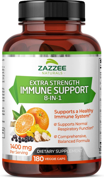 Zazzee Extra Strength 8-in-1 Immune Support, 180 Vegan Capsules, 1400 mg per Capsule, 1000 mg Vitamin C, 1000 IU mg D3, Zinc, Elderberry, Echinacea, Goldenseal, Turmeric and Astragalus, All-Natural