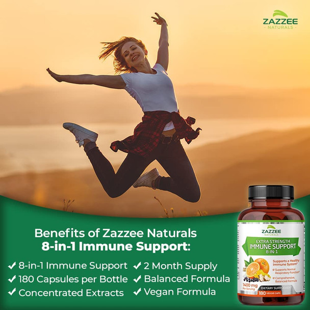 Zazzee Extra Strength 8-in-1 Immune Support, 180 Vegan Capsules, 1400 mg per Capsule, 1000 mg Vitamin C, 1000 IU mg D3, Zinc, Elderberry, Echinacea, Goldenseal, Turmeric and Astragalus, All-Natural