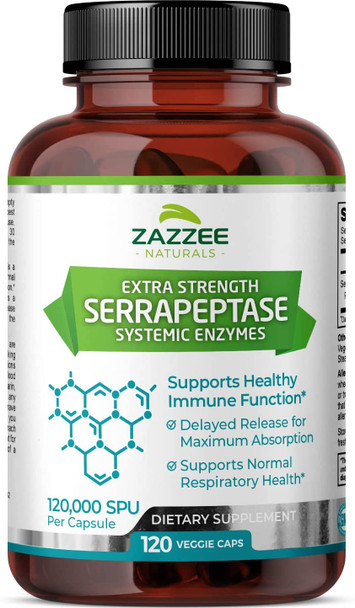 Zazzee Extra Strength Serrapeptase 120,000 SPU, 120 Vegan Capsules, Delayed Release, Systemic Enzymes, Supports Healthy Sinuses and a Healthy Immune System, Non-GMO and All-Natural